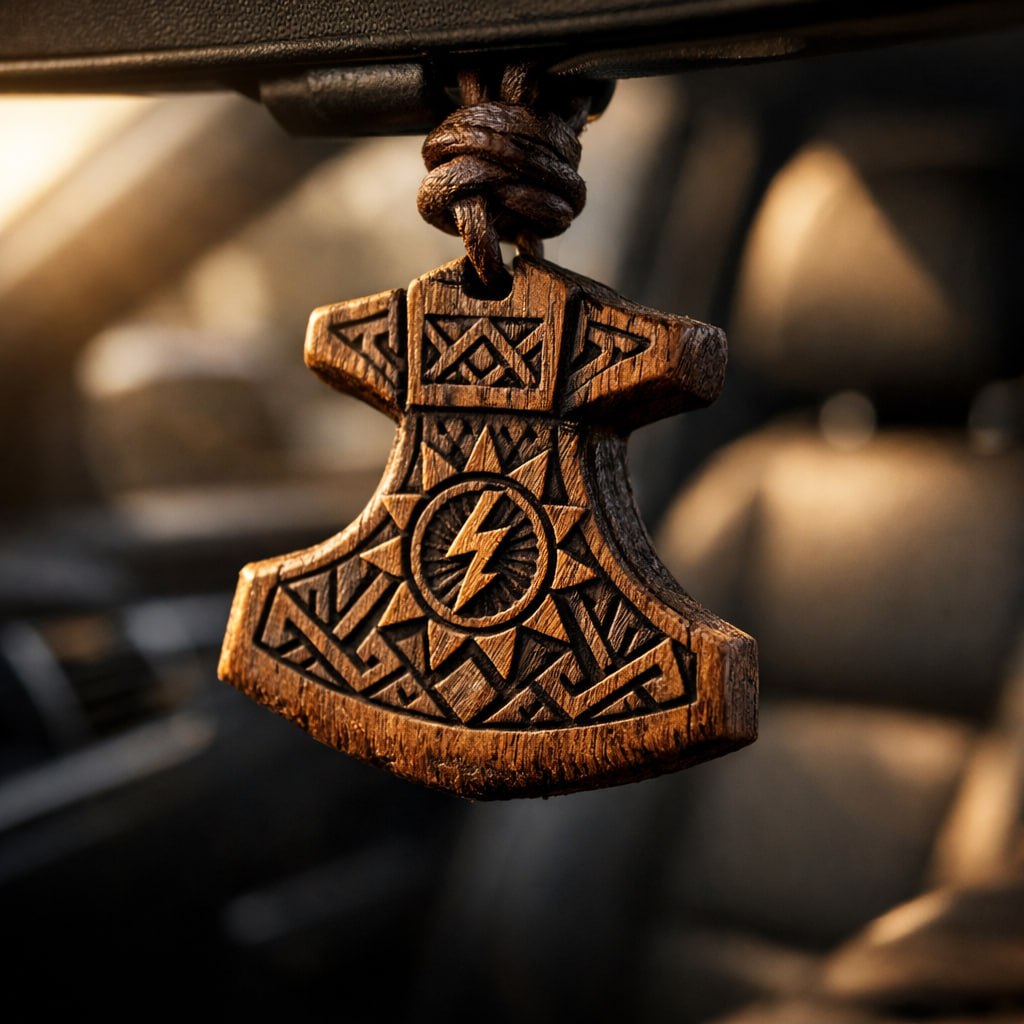 Секира Перуна деревянный авто-амулет Страж дороги — купить, крепление на зеркало, ручная работа СИЛА РОДА